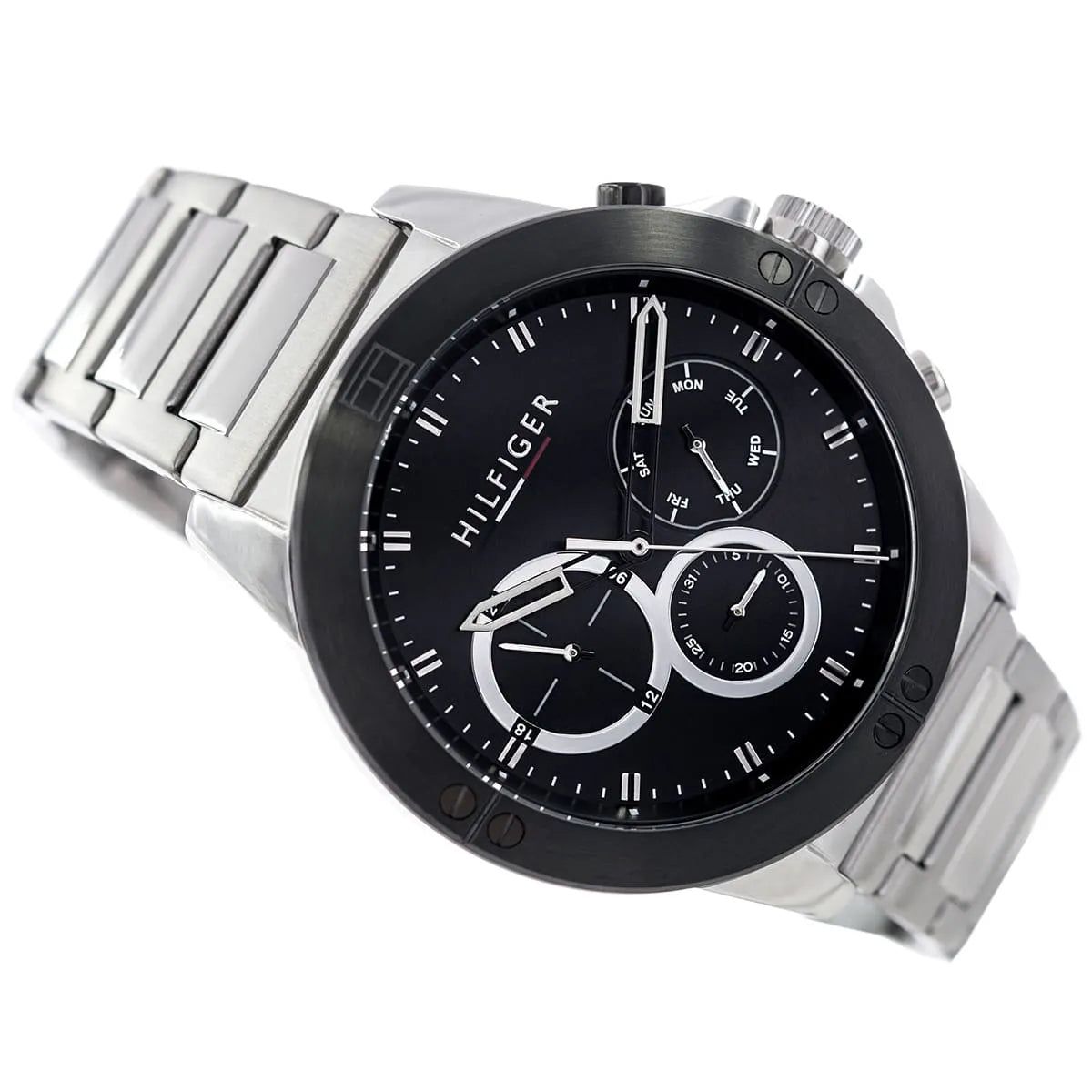 Tommy Hilfiger 46mm chronograph watch with black dial on angled wrist display showing full case and bracelet