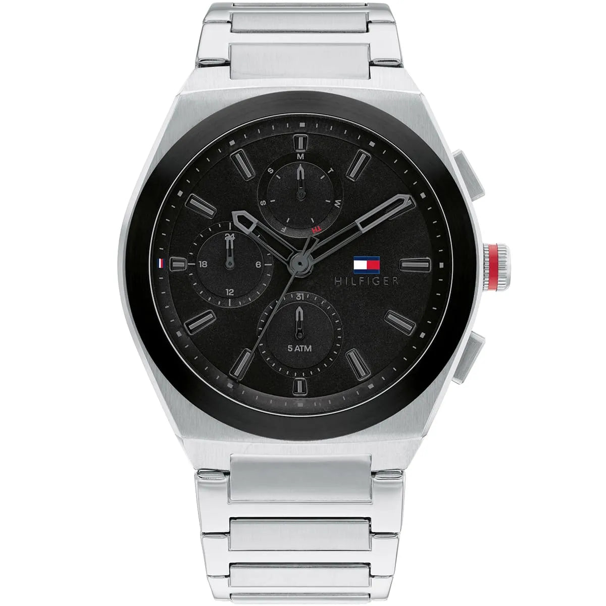 Tommy Hilfiger Connor men's watch with 44mm silver stainless steel case, black dial, and chronograph subdials