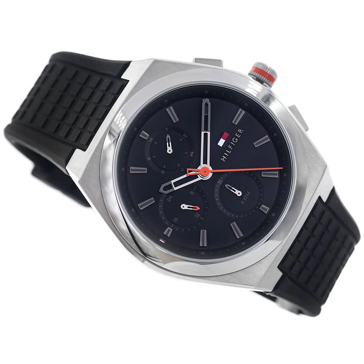 Tommy Hilfiger Connor chronograph watch with black dial and orange accents on hands