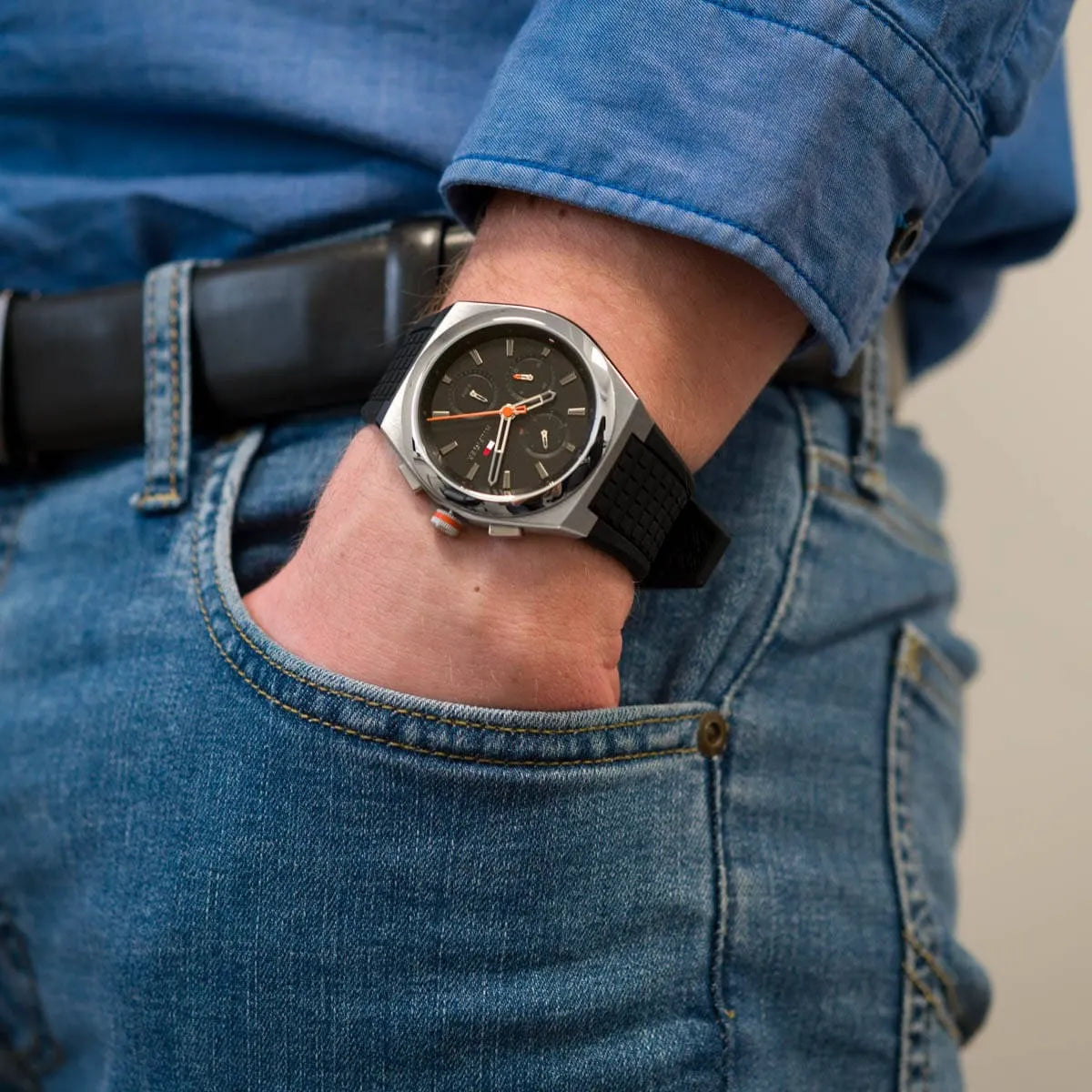 Tommy Hilfiger Connor watch worn on wrist over denim jacket