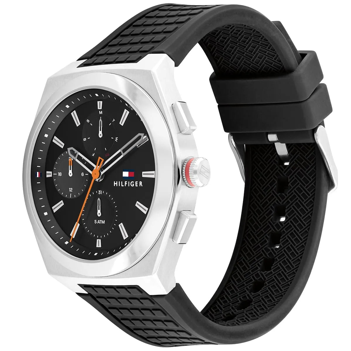 Tommy Hilfiger Connor watch side view displaying silver case profile and rubber strap