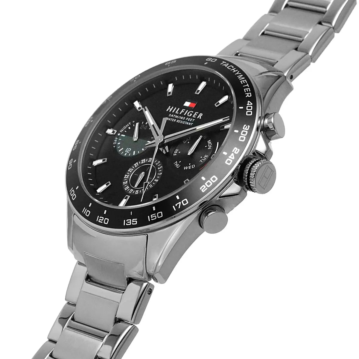 Side profile of Tommy Hilfiger Damon chronograph watch with stainless steel strap