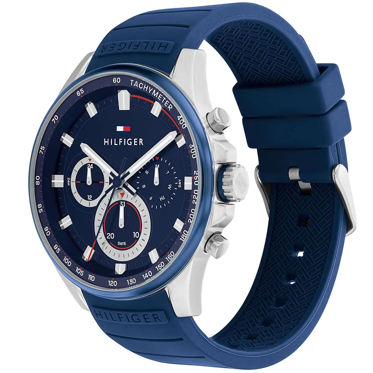 Tommy Hilfiger chronograph watch showing blue rubber strap and silver case from angled view