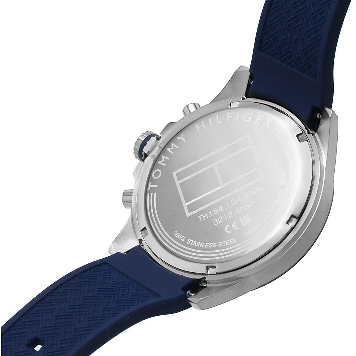 Tommy Hilfiger watch caseback showing stainless steel with engraved text and water resistance info