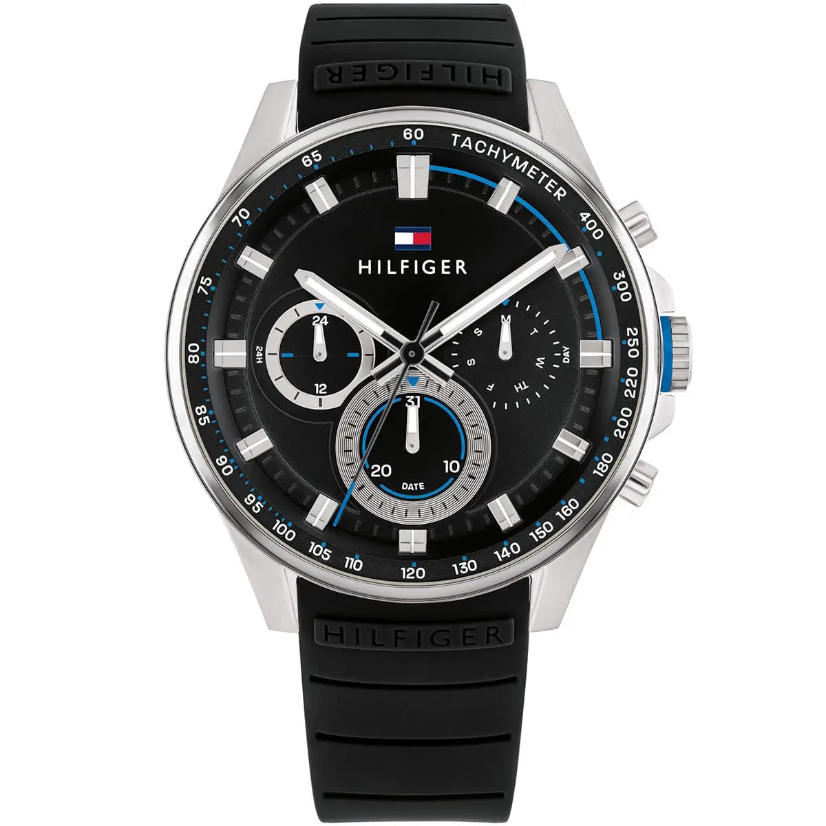 Tommy Hilfiger Max watch with black dial, silver chronograph subdials, and black rubber strap