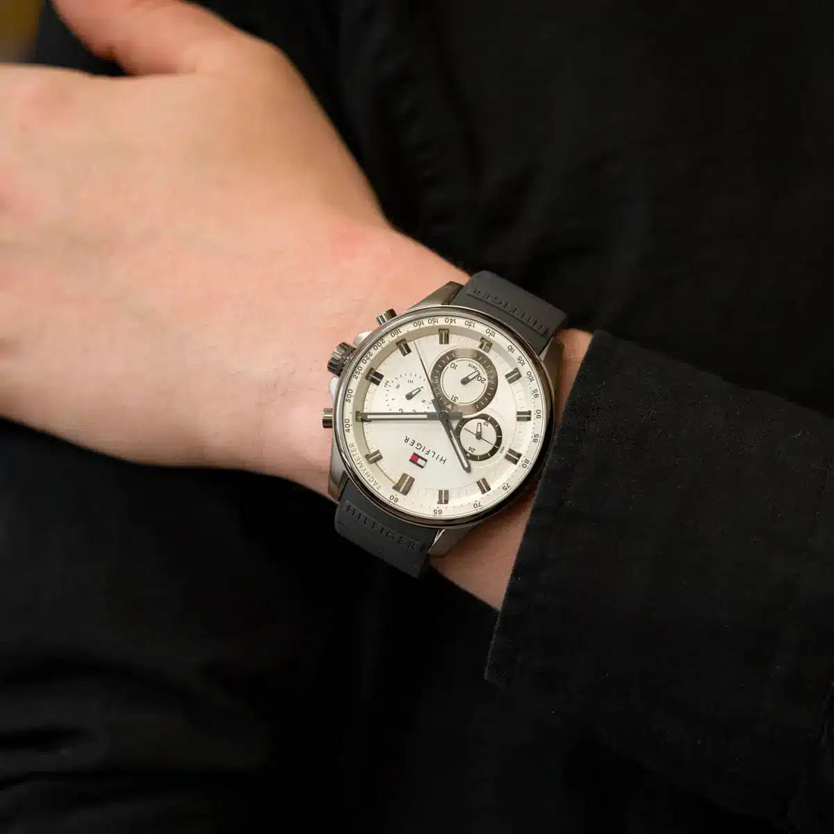 Tommy Hilfiger Max watch displayed on wrist with black strap