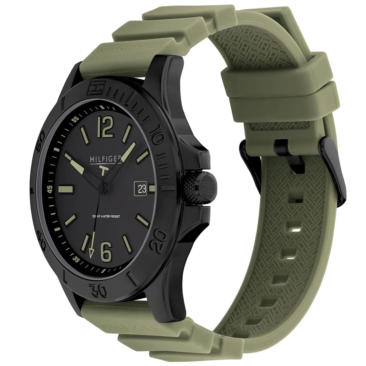 Tommy Hilfiger Ryan watch shown at angle with black case and green rubber strap