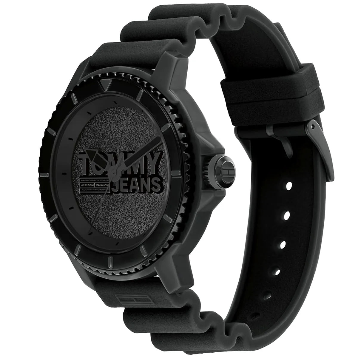 Tommy Hilfiger Tokyo watch shown at angle with black case and rubber strap