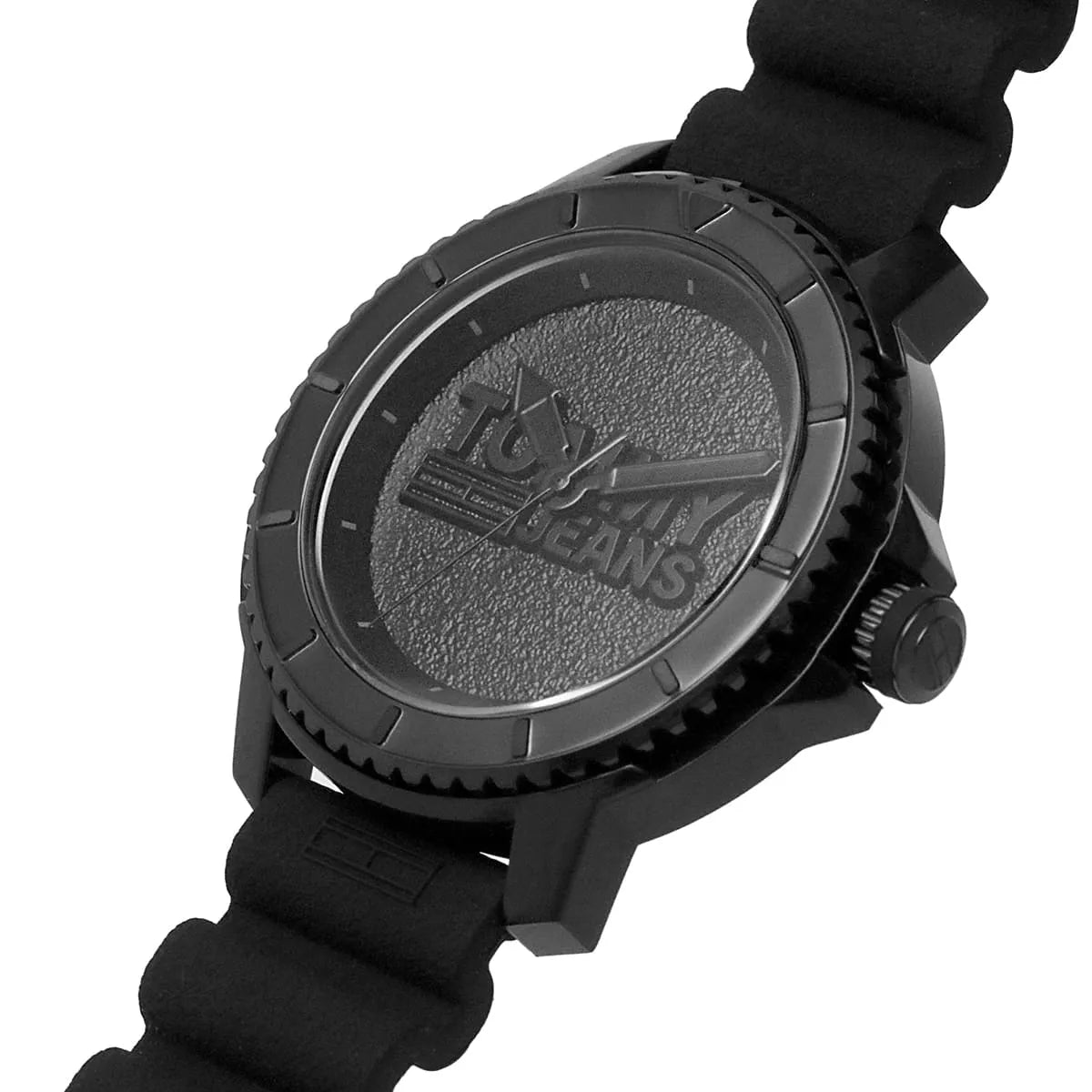 Tommy Hilfiger Tokyo watch side view showing black case and rubber strap