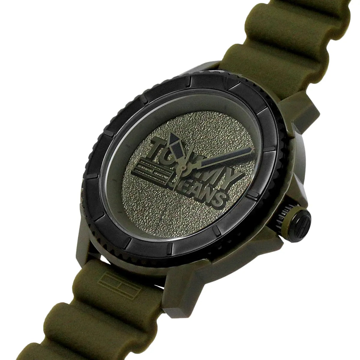 Tommy Hilfiger Tokyo watch at angle displaying green dial and silicone strap