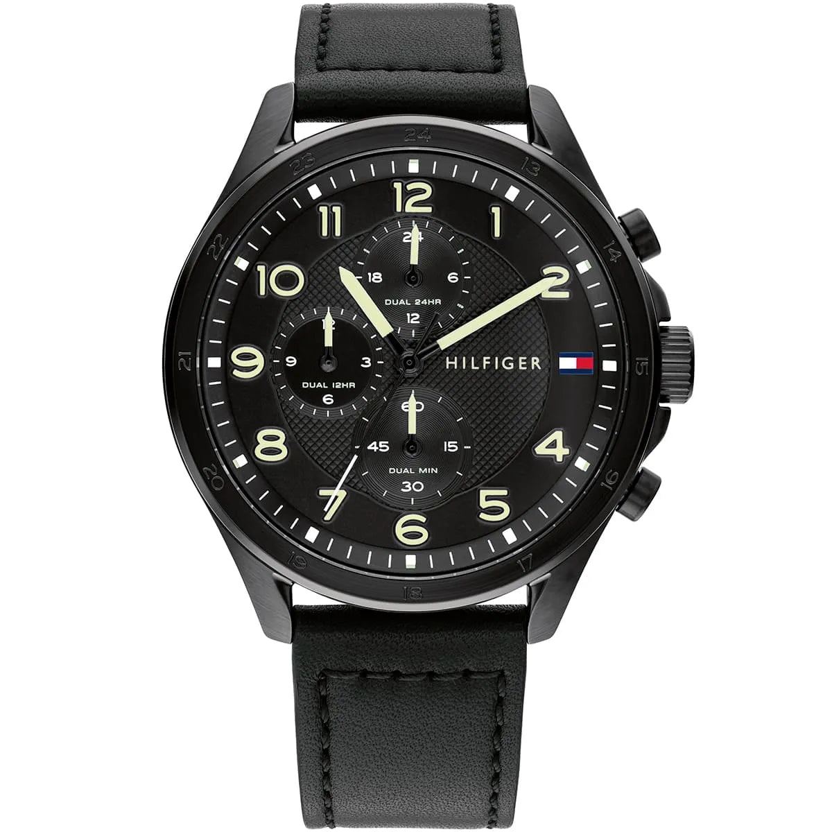 Tommy Hilfiger Axel black dial chronograph watch with leather strap, front view