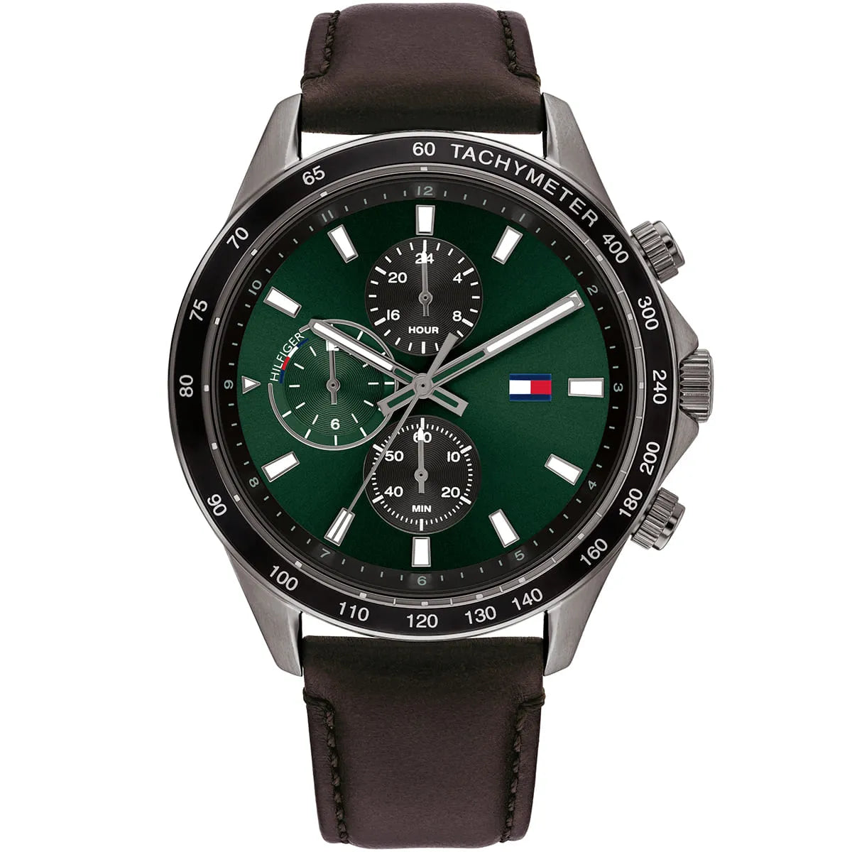 Tommy Hilfiger Miles watch with green dial, black chronograph subdials, tachymeter bezel, and brown leather strap