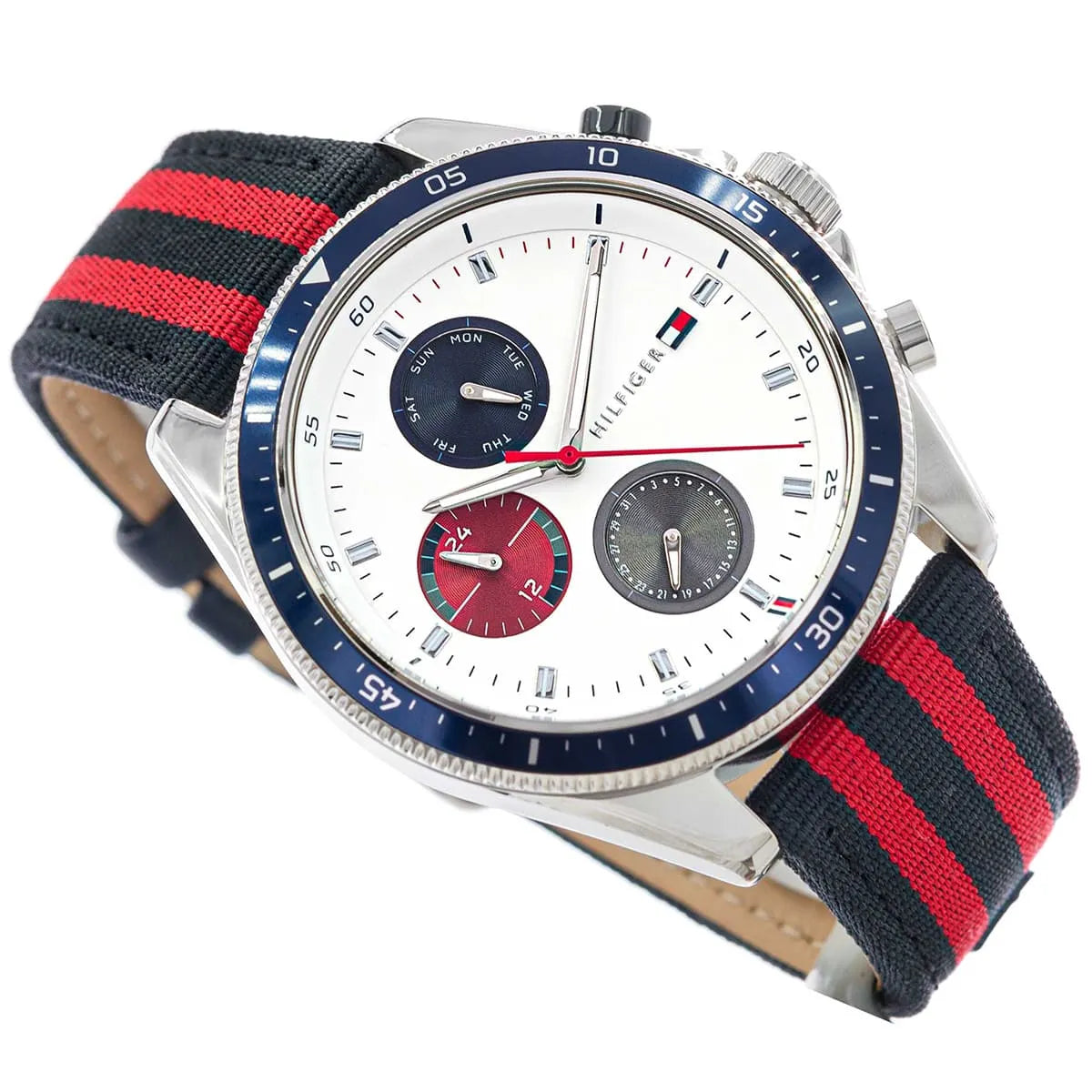 Tommy Hilfiger white dial chronograph with three sub-dials and navy bezel detail