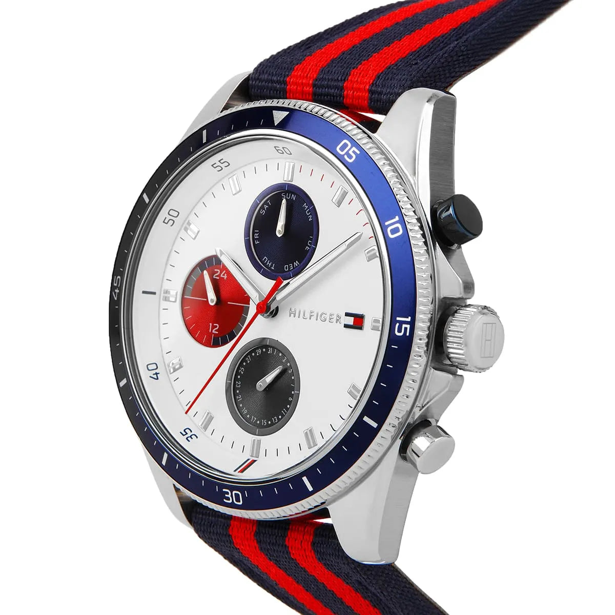 Tommy Hilfiger chronograph watch profile view showing crown and pushers