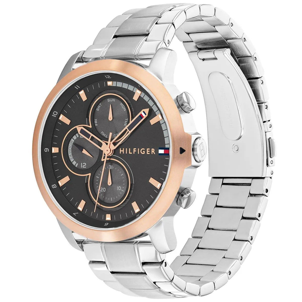 Tommy Hilfiger chronograph watch at angle showing case and metal bracelet detail