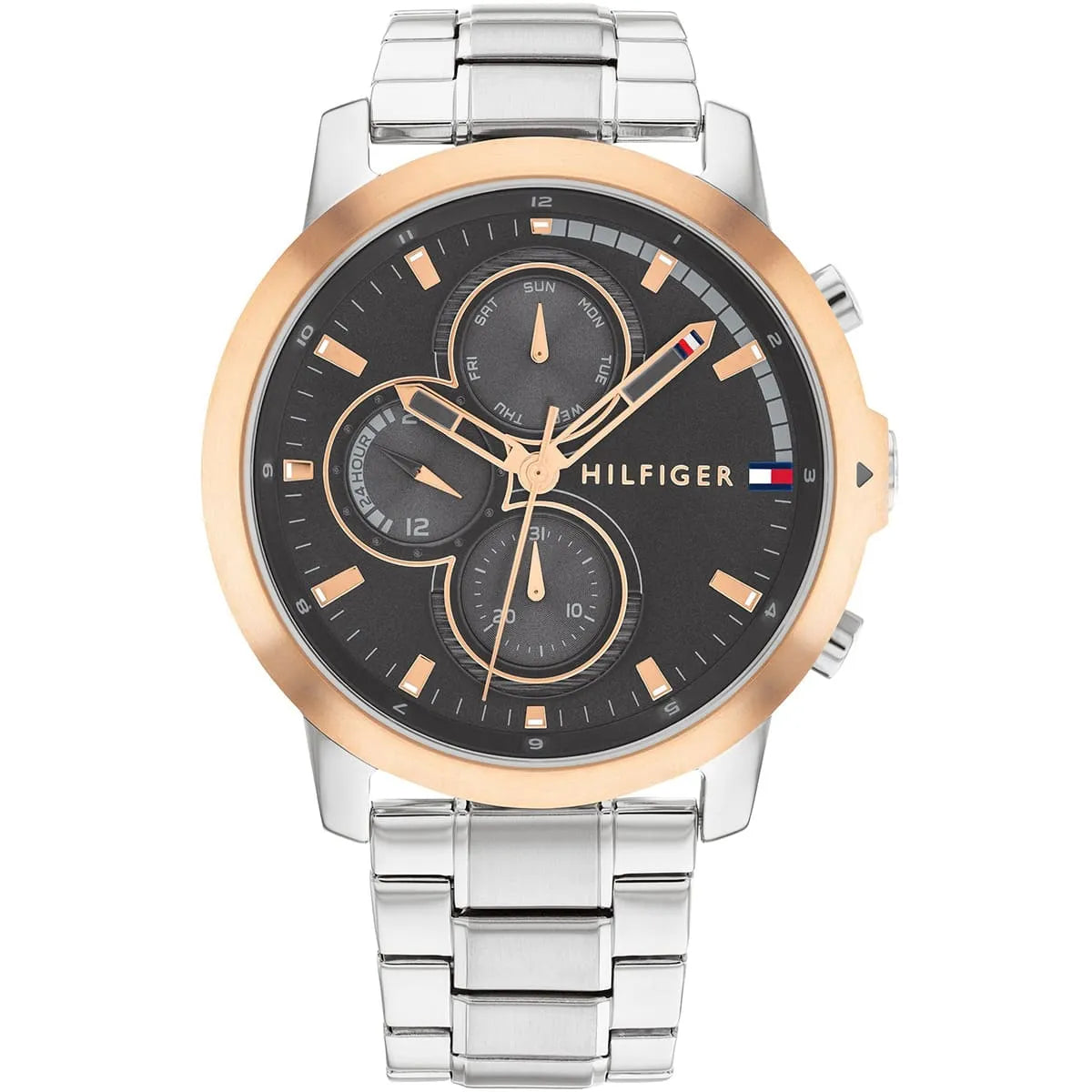 Tommy Hilfiger men's chronograph watch with black dial, rose gold bezel, silver stainless steel bracelet