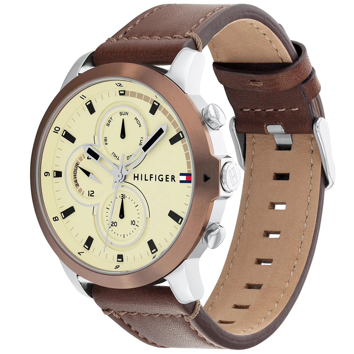 Side angle view of Tommy Hilfiger chronograph watch showing leather strap and case construction