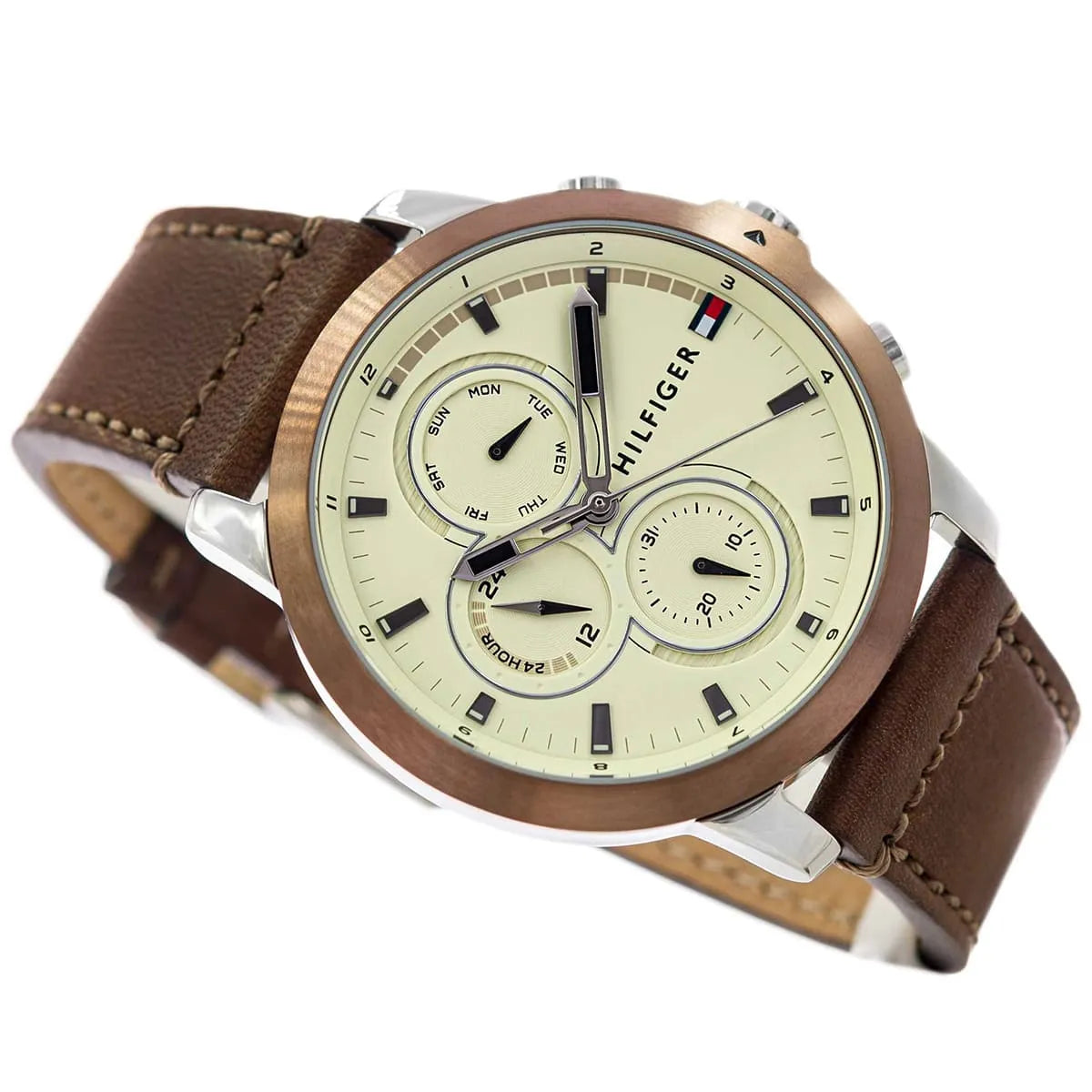 Tommy Hilfiger chronograph watch in three-quarter view showing full dial and leather strap detail