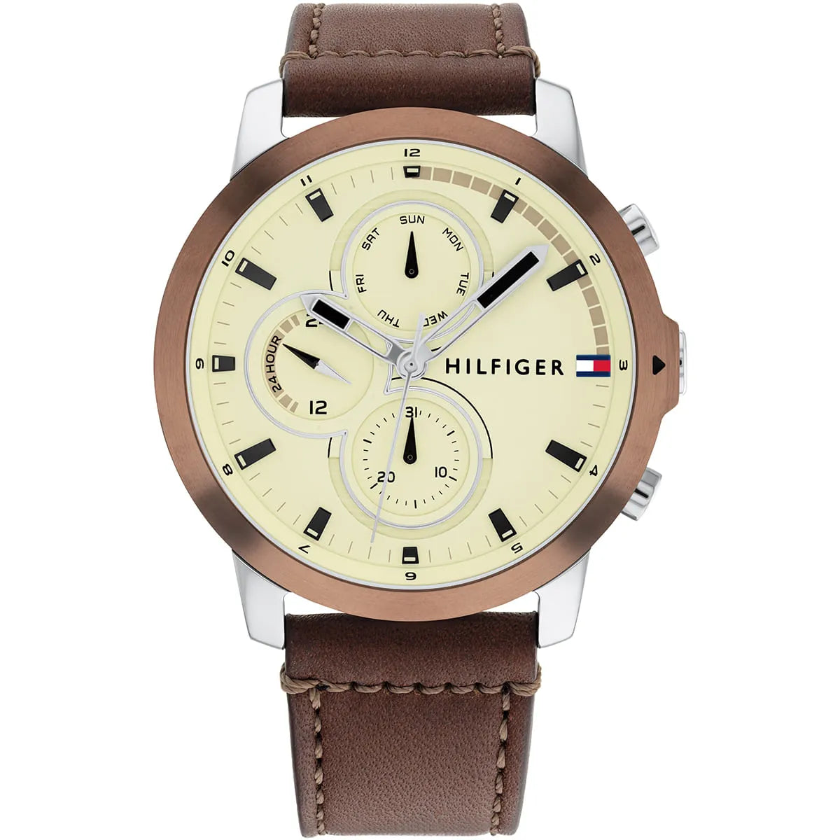 Tommy Hilfiger men's watch with beige chronograph dial, brown leather strap, and multifunction subdials