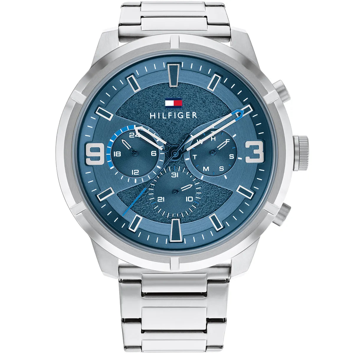 Tommy Hilfiger men's watch with blue dial and silver stainless steel strap, front view