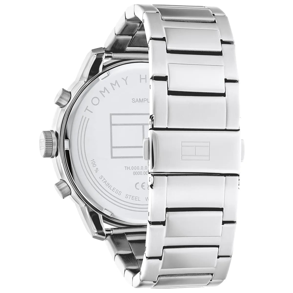 Tommy Hilfiger watch caseback showing stainless steel construction and watch specifications