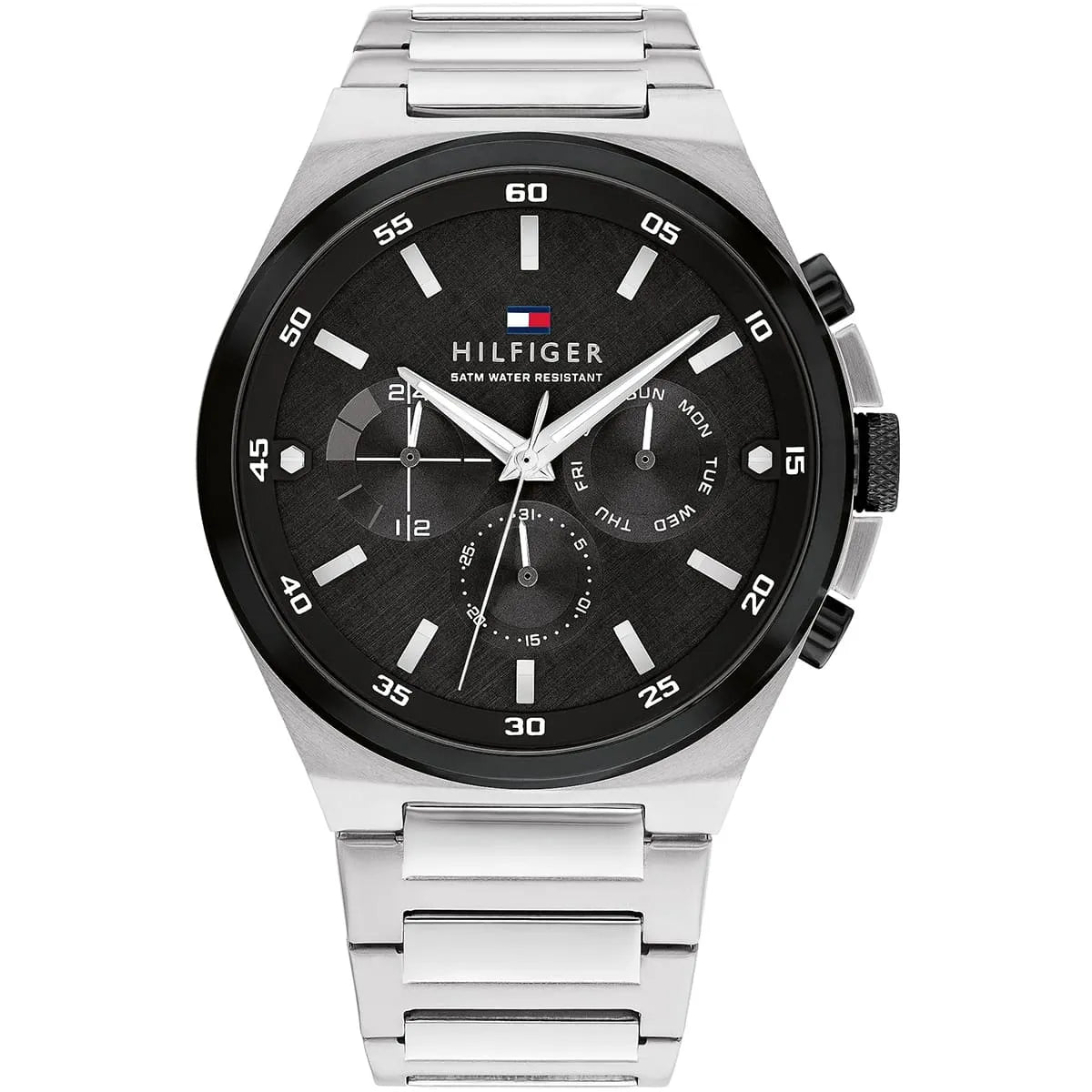 Tommy Hilfiger Dexter black dial multifunction watch with silver stainless steel bracelet