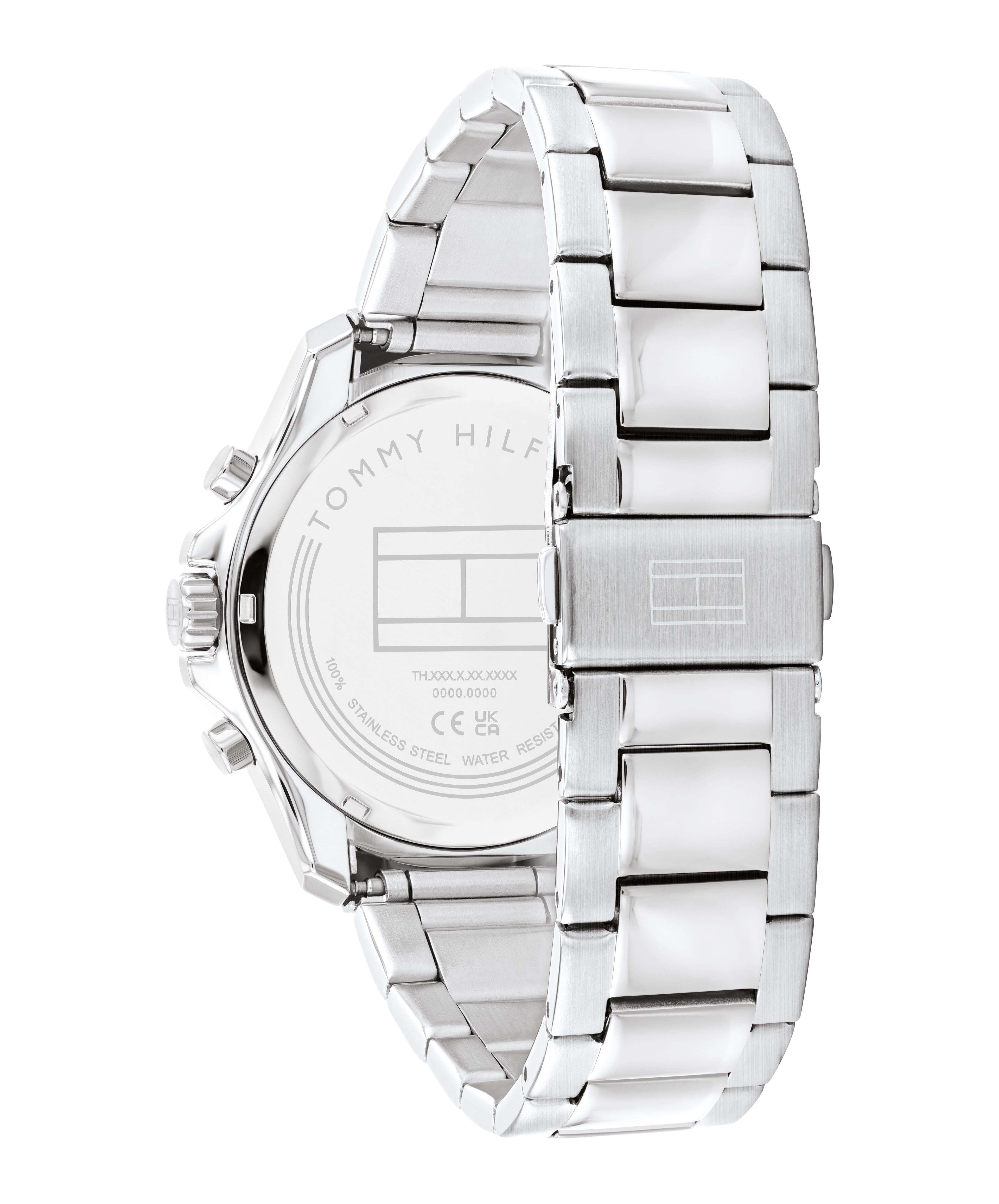 Back caseback of Tommy Hilfiger Jordan watch with engraved branding and specifications