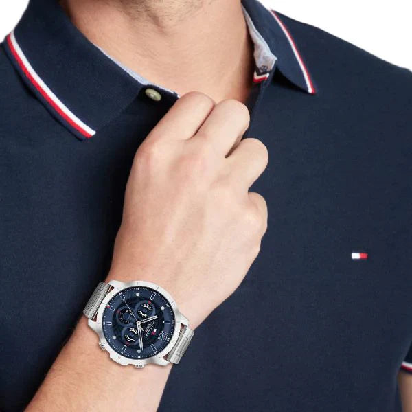 Tommy Hilfiger Jordan watch on wrist showing blue dial and chronograph subdials