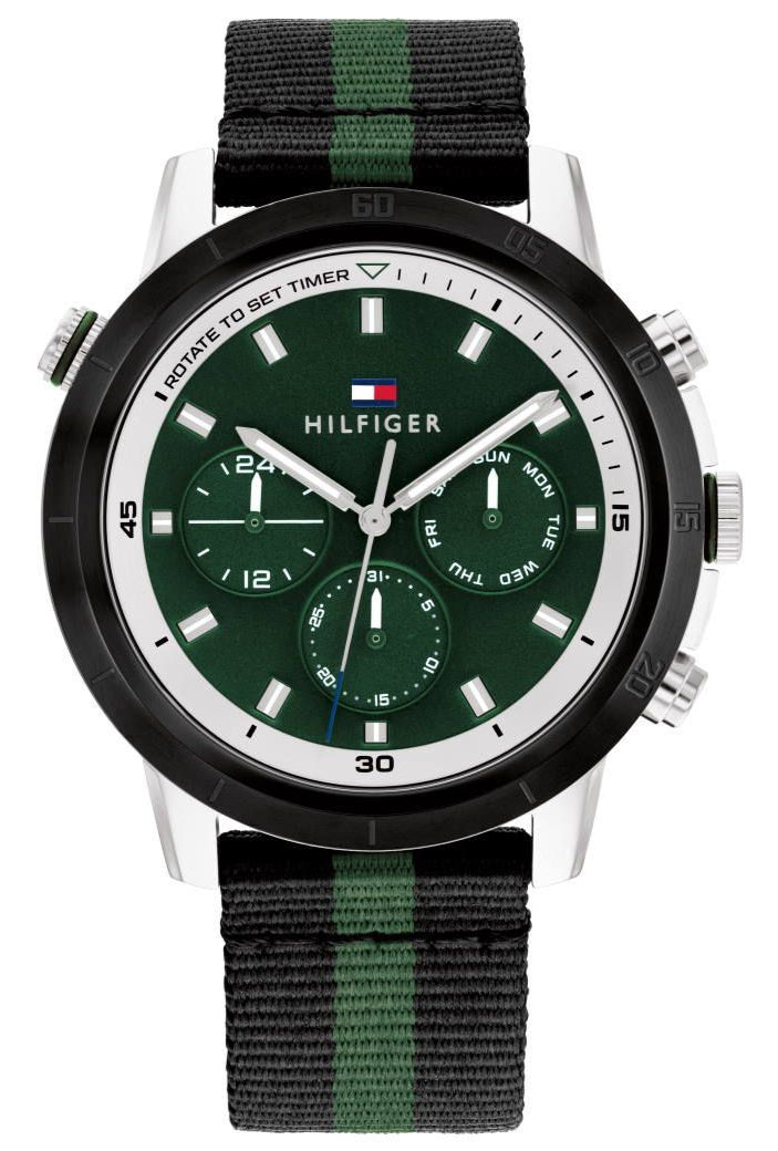 Tommy Hilfiger Troy men's watch with green dial and black-green striped strap, front view