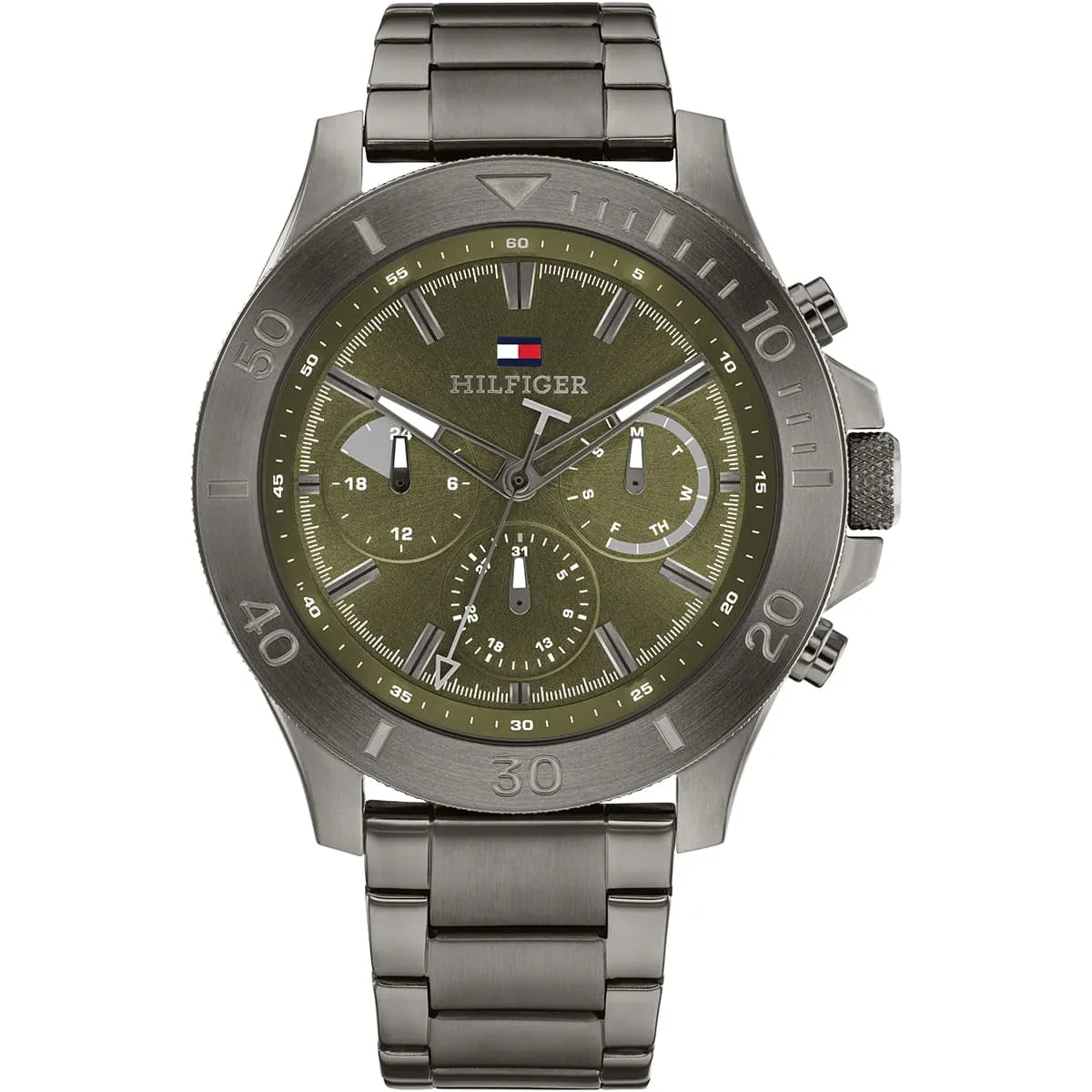 Tommy Hilfiger men's watch with green dial, grey stainless steel case and metal bracelet, multifunction chronograph