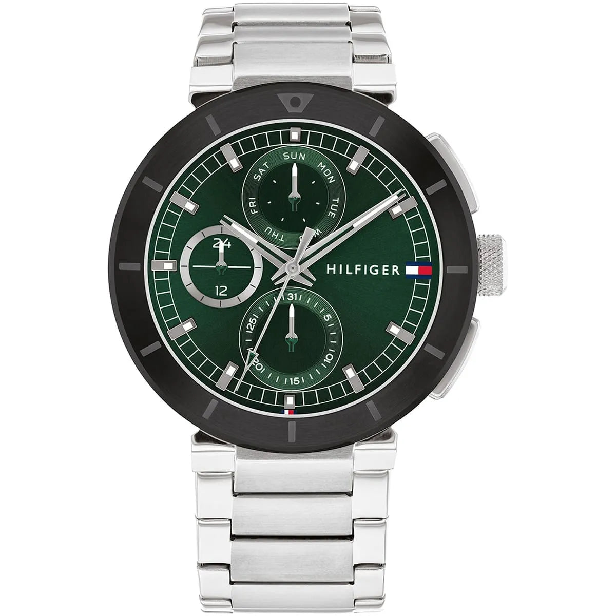 Tommy Hilfiger Lorenzo chronograph watch with green dial, black bezel, silver stainless steel bracelet