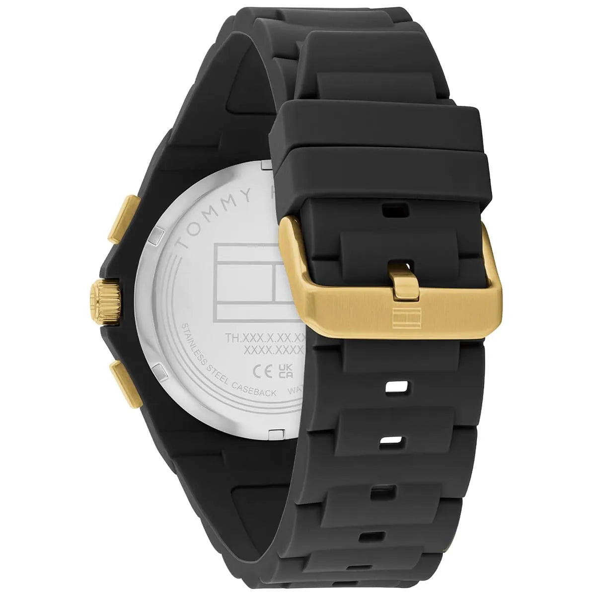 Tommy Hilfiger watch caseback with white cover showing silicone strap with gold buckle