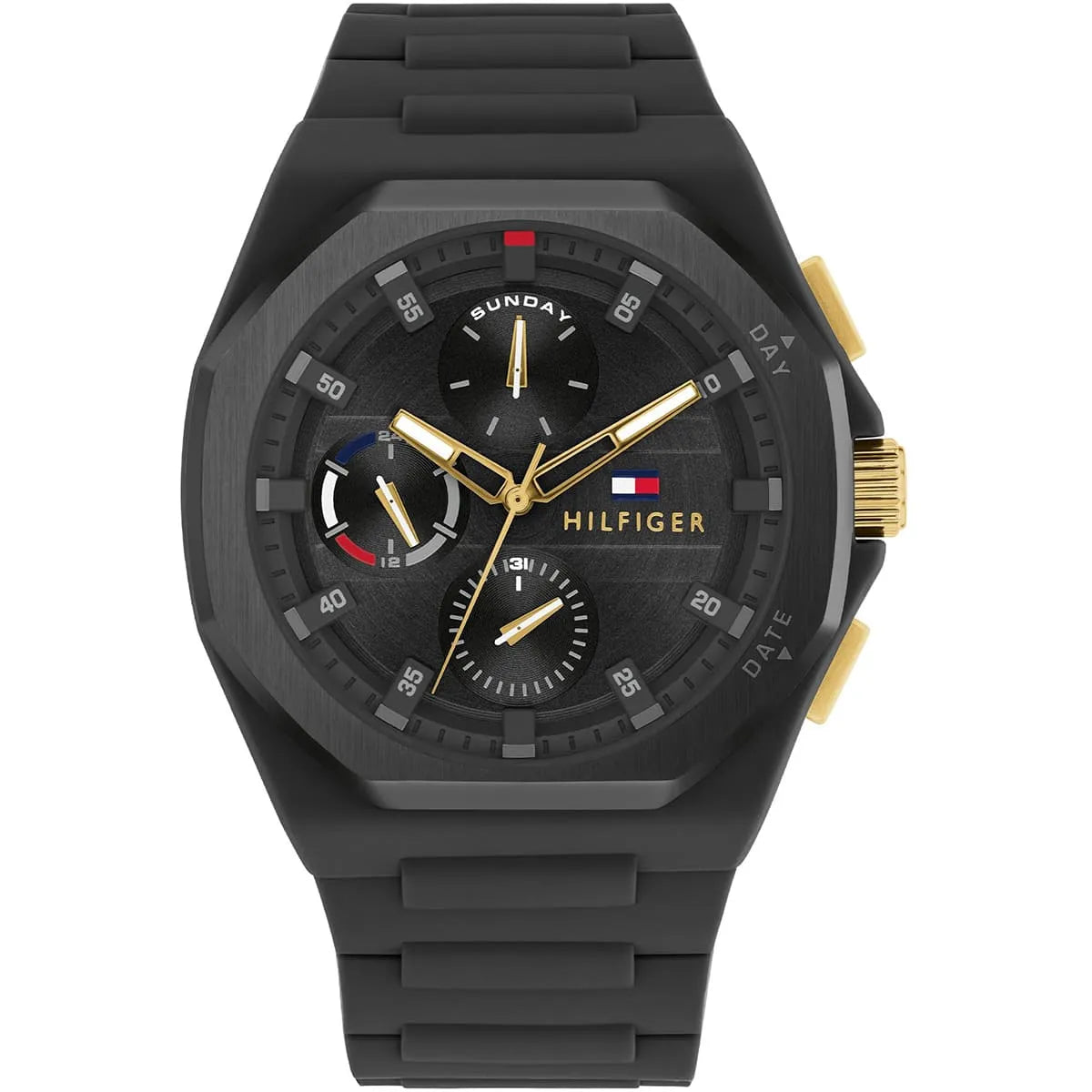 Tommy Hilfiger black dial multi-function watch with gold chronograph hands and silicone strap