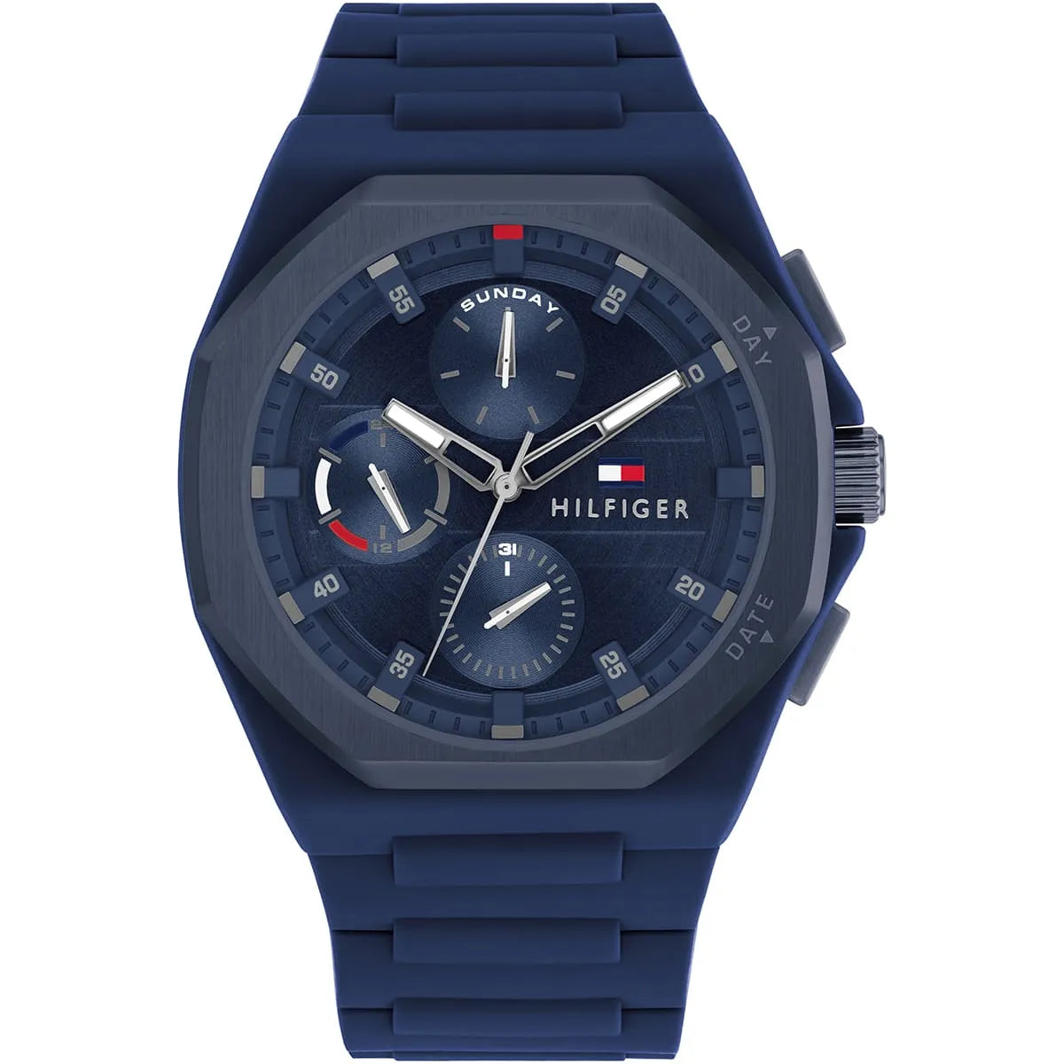Tommy Hilfiger Neo men's watch with blue dial, chronograph subdials, and blue rubber strap