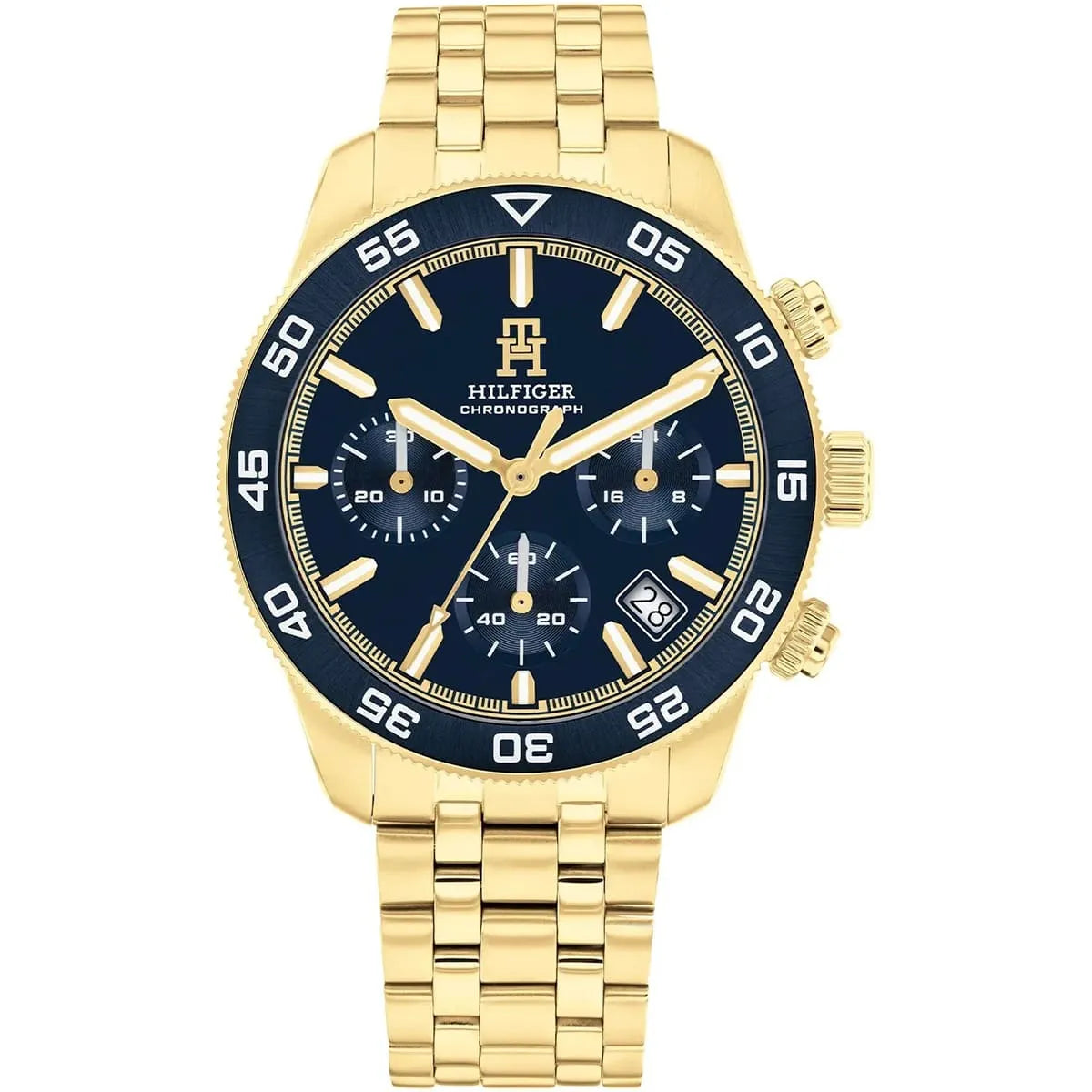 Tommy Hilfiger gold men's chronograph watch with blue dial and gold stainless steel bracelet