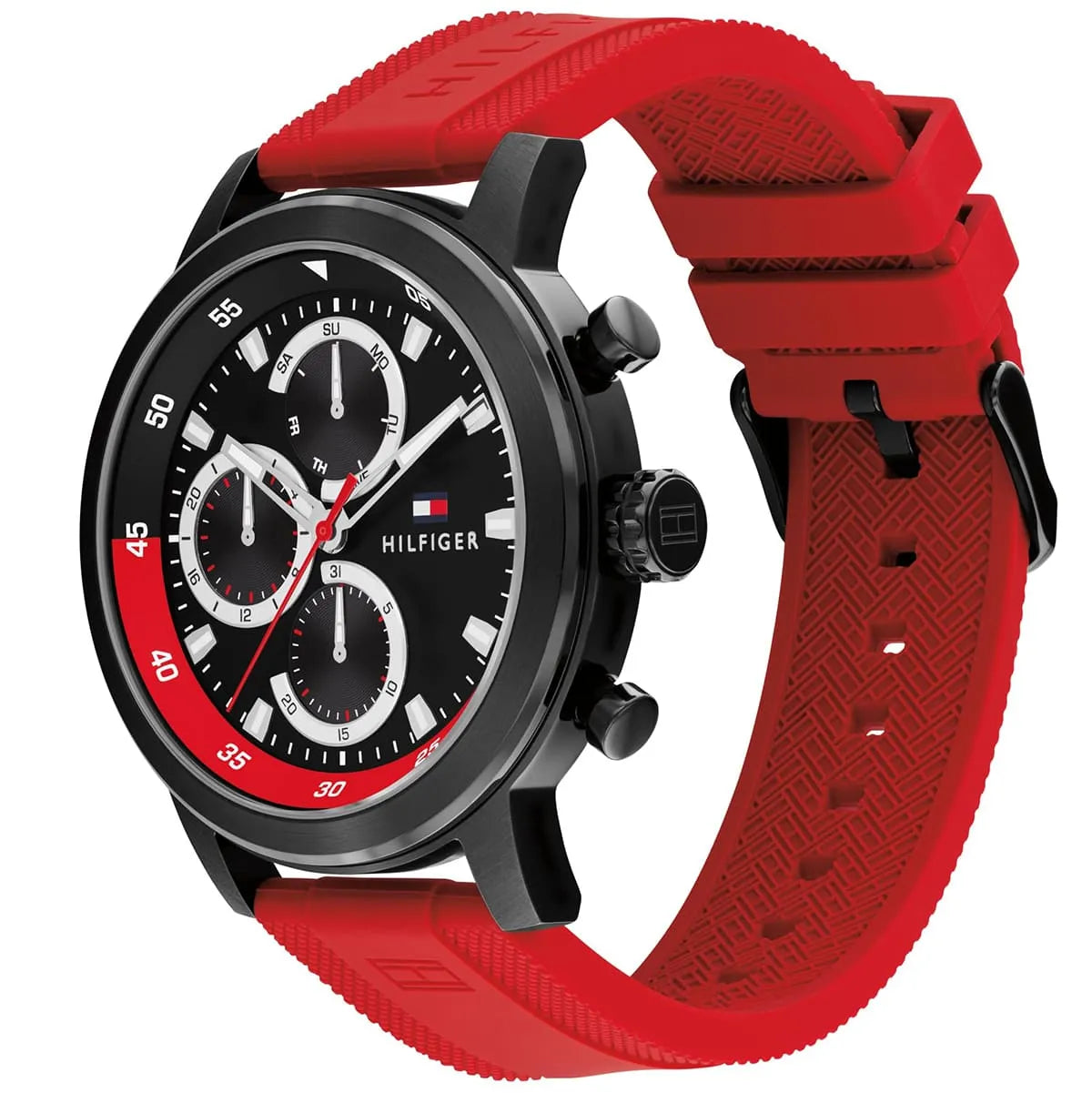 Tommy Hilfiger ROCKY watch angled view showing black case, red rubber strap with texture detail