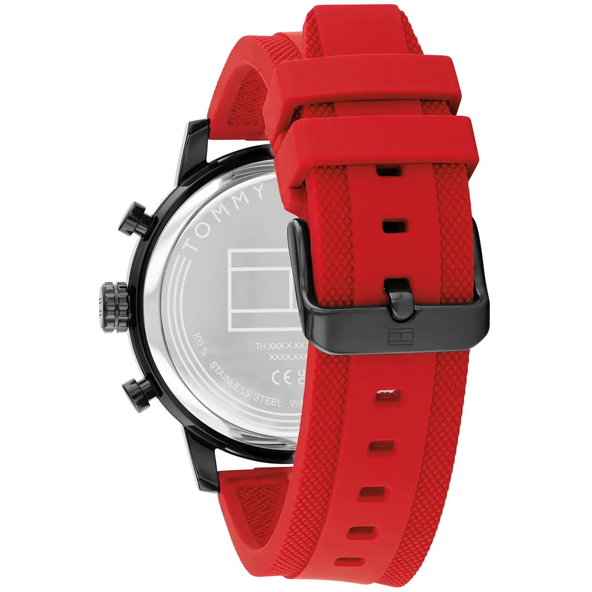 Tommy Hilfiger ROCKY watch side view showing case profile and red rubber strap