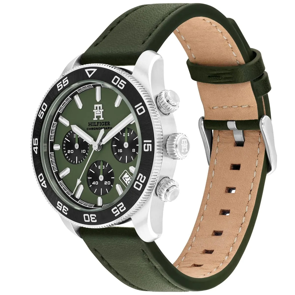 Tommy Hilfiger chronograph watch with green leather strap showing tan leather underside