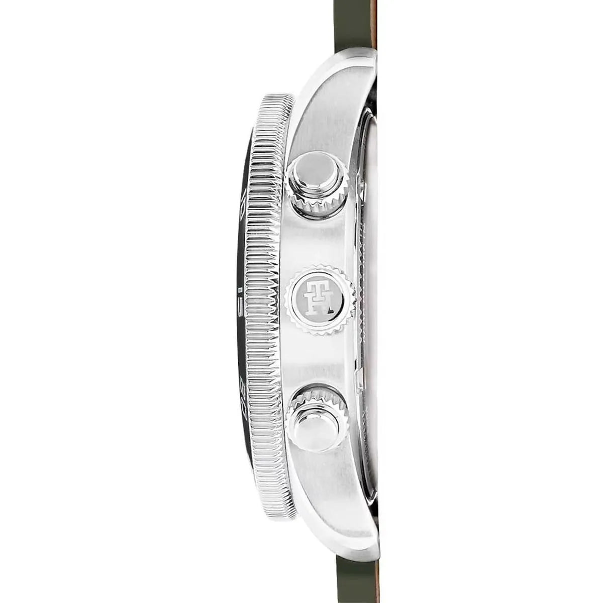 Side profile of Tommy Hilfiger chronograph watch showing stainless steel case and pushers