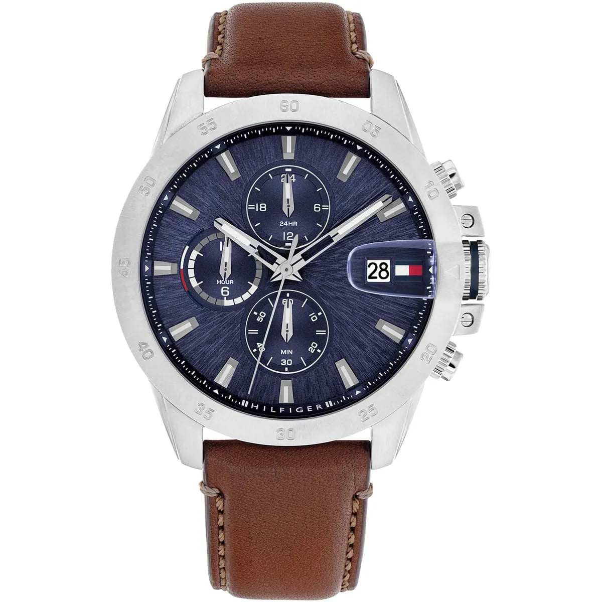 Tommy Hilfiger Jameson men's watch with 43mm blue dial, chronograph subdials, date window, silver case and brown leather strap