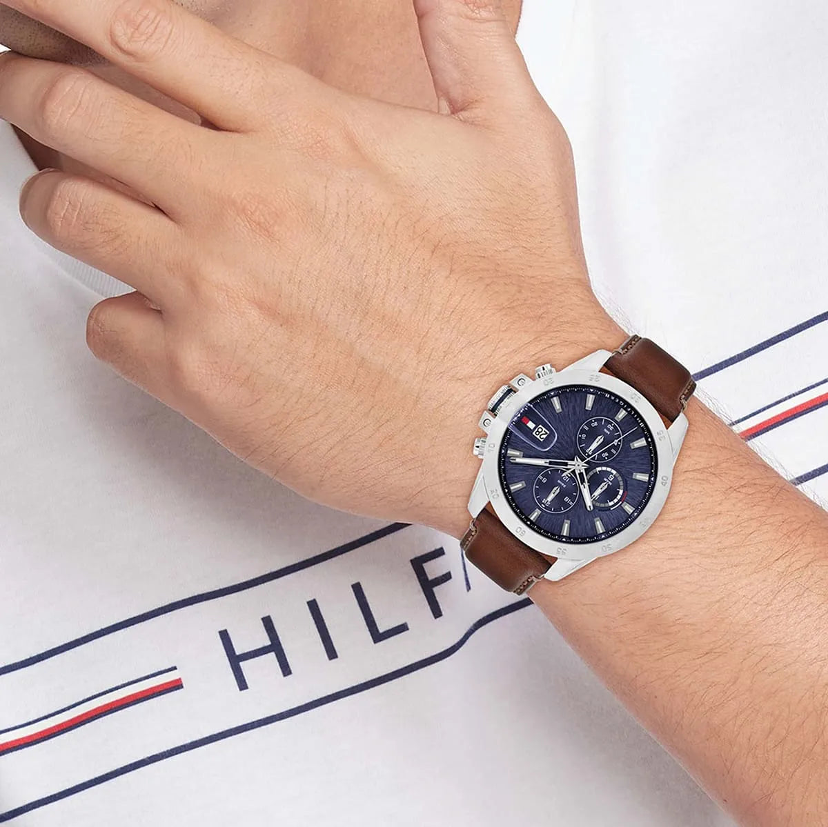 Tommy Hilfiger Jameson watch worn on wrist with Tommy Hilfiger branded strap detail visible