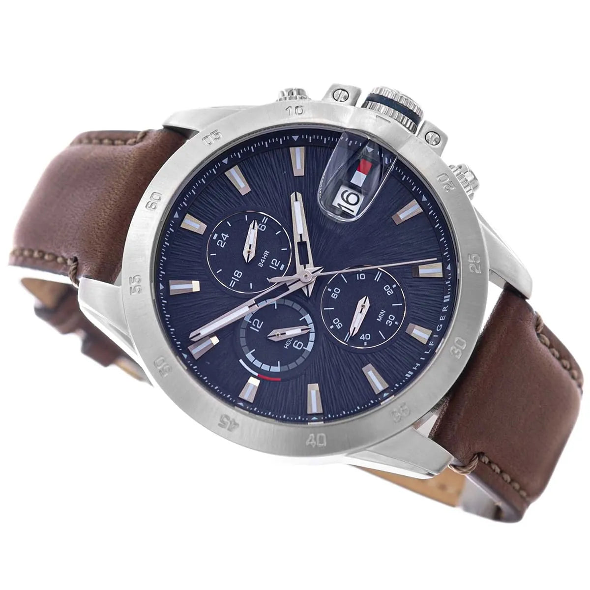 Tommy Hilfiger Jameson watch displayed from side angle showing silver case, chronograph pushers, and brown leather strap