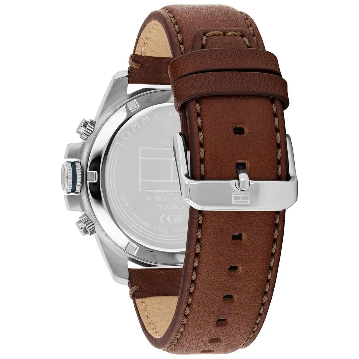 Brown leather strap with stitching and tan suede lining on Tommy Hilfiger Jameson watch