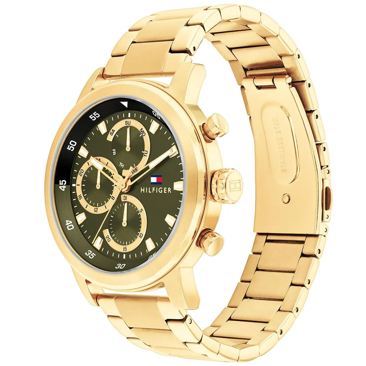 Tommy Hilfiger watch angled view showing gold-tone stainless steel bracelet and chronograph pushers