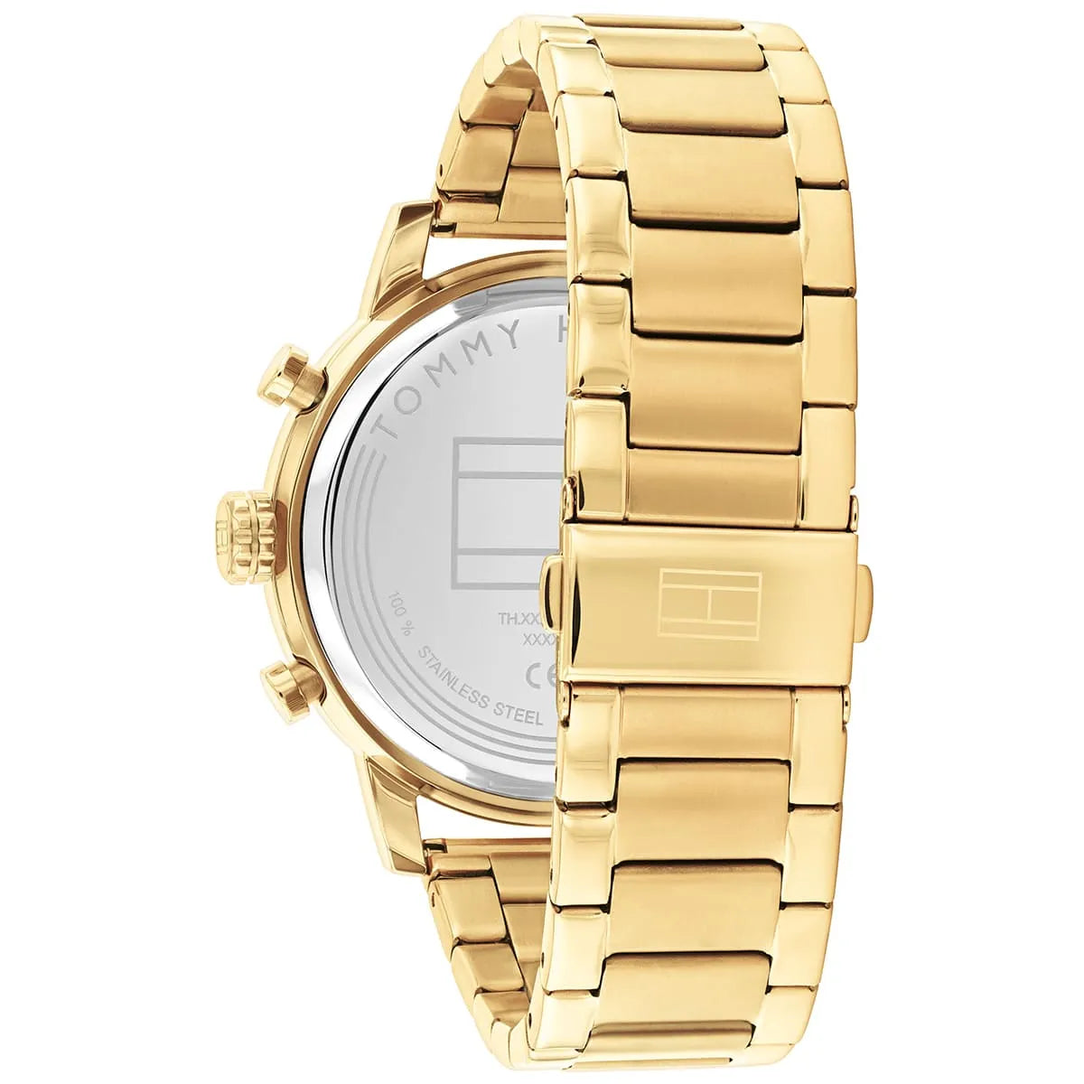 Tommy Hilfiger watch caseback showing stainless steel case and engraved Tommy Hilfiger branding