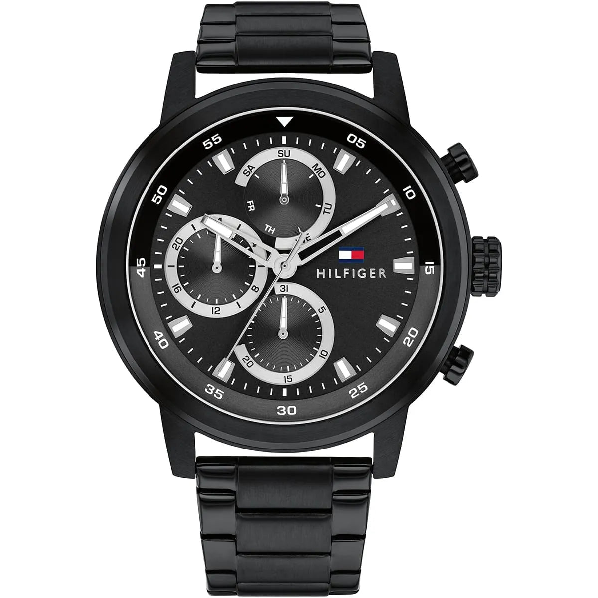 Tommy Hilfiger Rocky men's watch with black dial, chronograph subdials, and black stainless steel bracelet