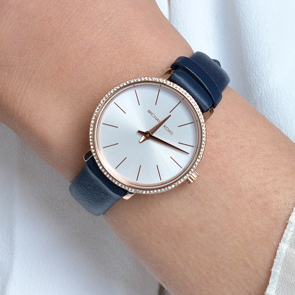 Michael Kors Pyper Three-Hand Rose Gold-Tone and Blue Leather Women's Watch - MK2804