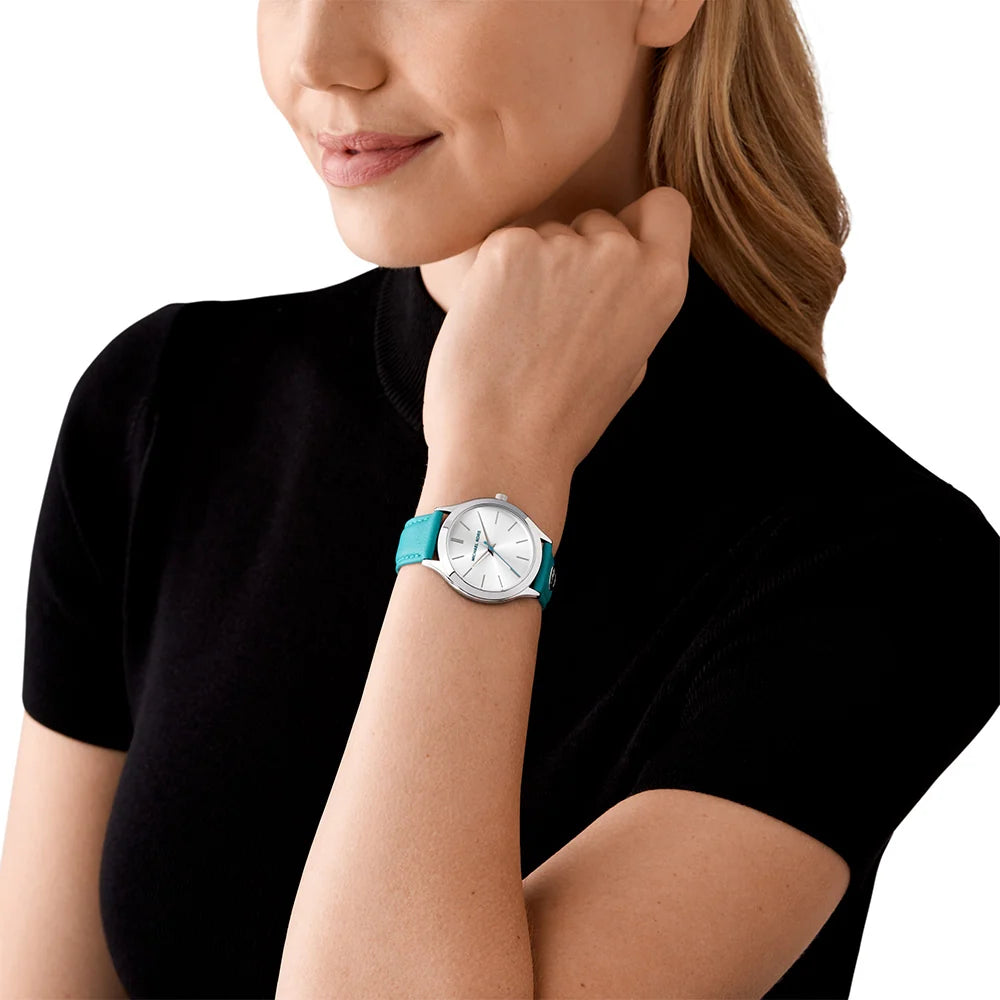 Michael Kors Slim Runway White Dial Santorini Blue Genuine Leather Watch - MK7470