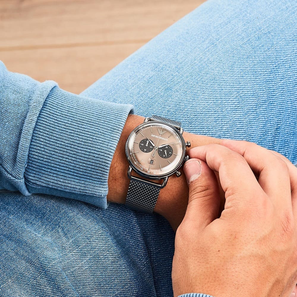 Emporio Armani Aviator Chronograph Brown Dial Silver Mesh Men's Watch - AR11141