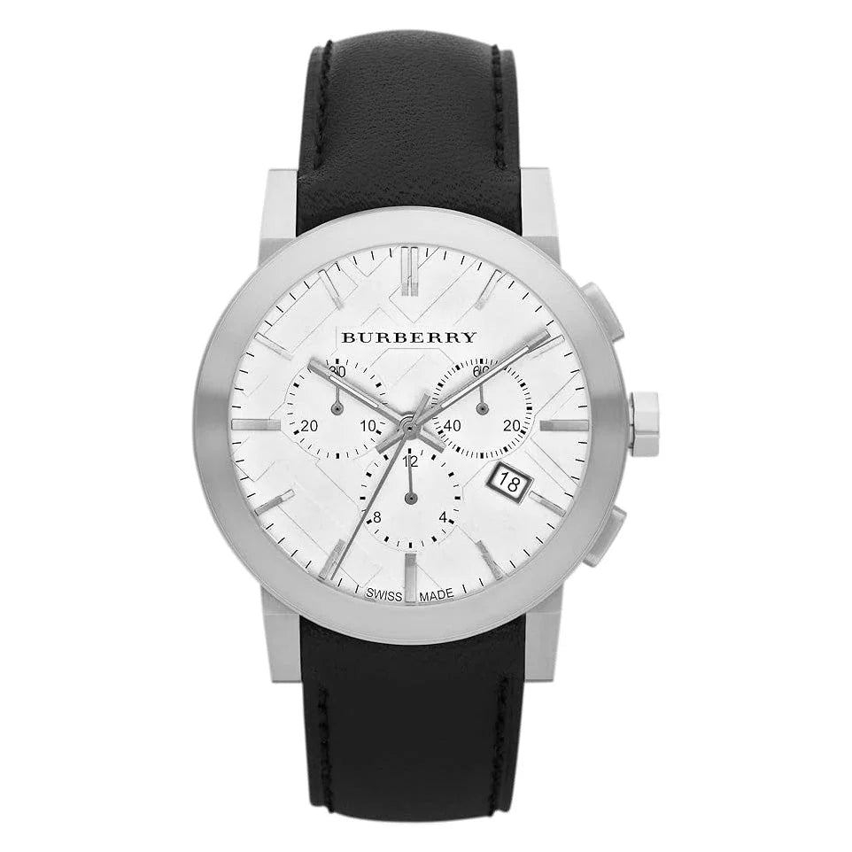 Burberry The City Large Chronograph Silver Dial Black Leather Strap Men's Watch BU9355